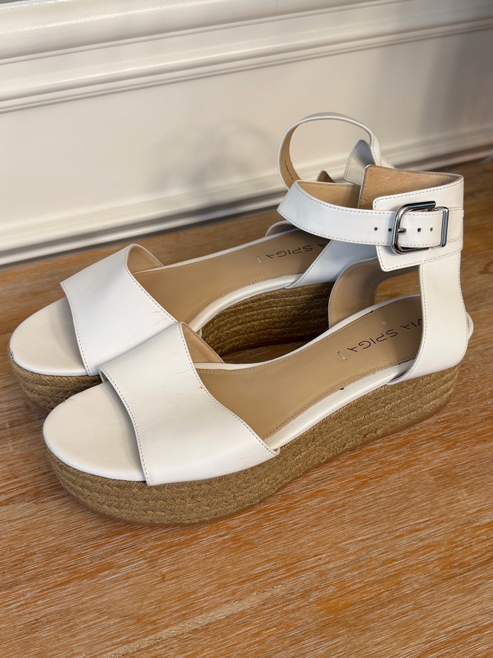 Via Spiga White Platform Espadrille Sandals with Ankle Buckle